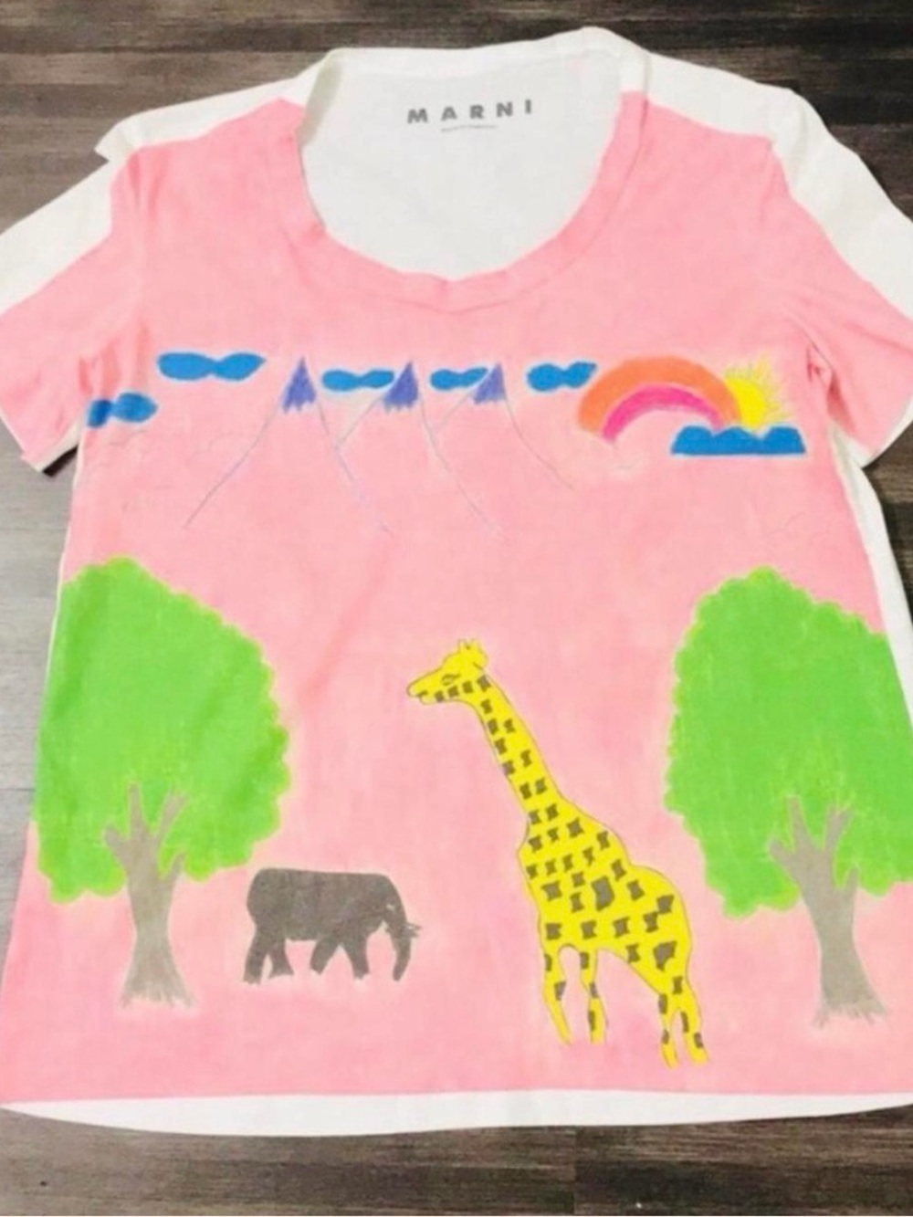Marni Pink Short-Sleeve Tee with Yellow Giraffe and Green Trees